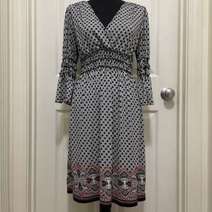 Max Studio Geometric Print Knee Length Smocked Waist Black White Boho Large‎